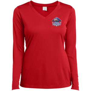 Silver Nationals 2024  Ladies’ Long Sleeve Performance V-Neck Tee Chest and Full Back Design