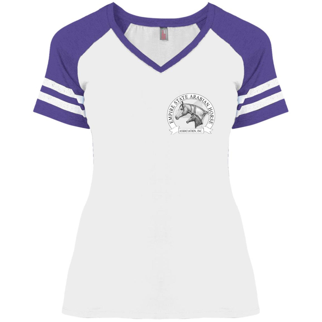 ESAHA Ladies' Game V-Neck T w/ Purple Ink Back Design